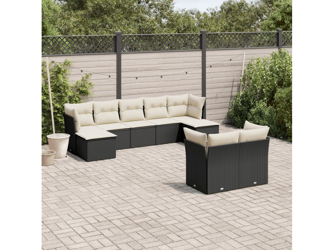 Jogo de Sofá 9 Peças P/ Jardim C/ Almofadões Vime Pe Preto Dkd Home Decor