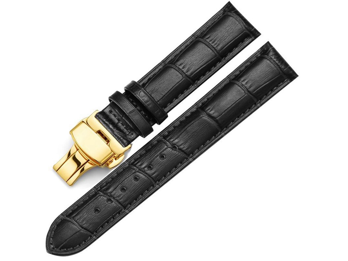 Pulseira de relógio masculina requintada em couro PU com fivela de aço de 18 mm, preta.