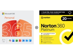  Bundle Software MICROSOFT 365 Pessoal + NORTON 360 Platinum (PC, Mac, Tablet e Smartphone - 12 Meses - Formato Digital)