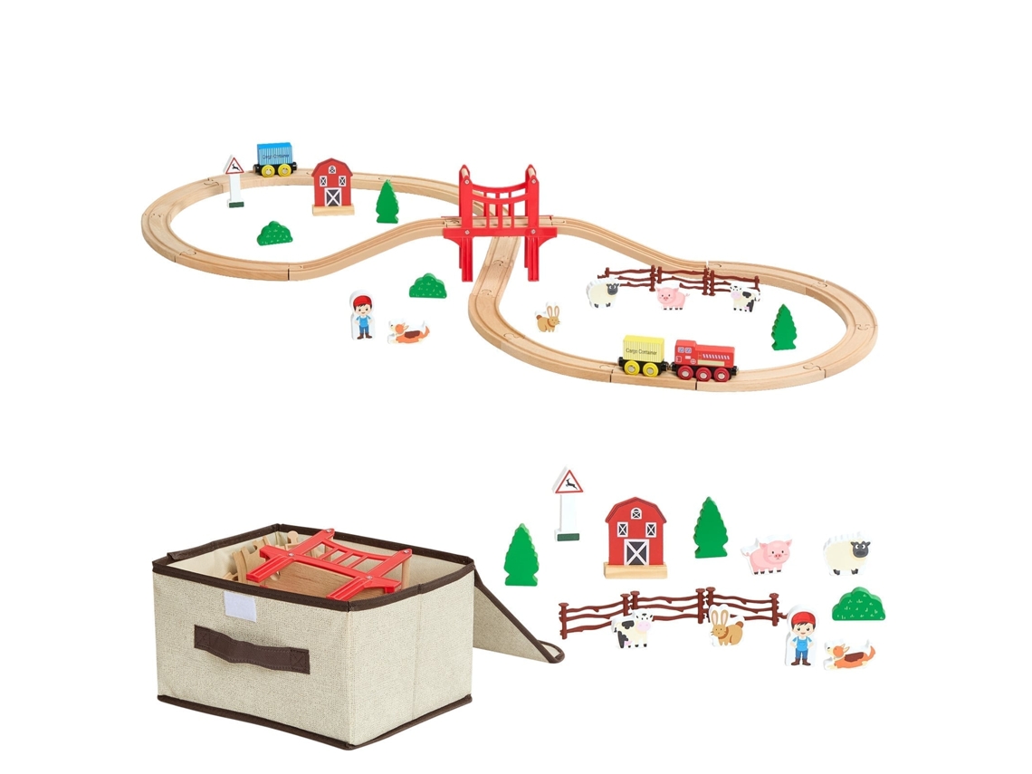 Conjunto de Trem Madeira com Trilhos, 39 Peças Acessórios, Pontes e Vias Magnéticas Campestres, Kit Educativo, Design Múltiplo, Brinquedo para