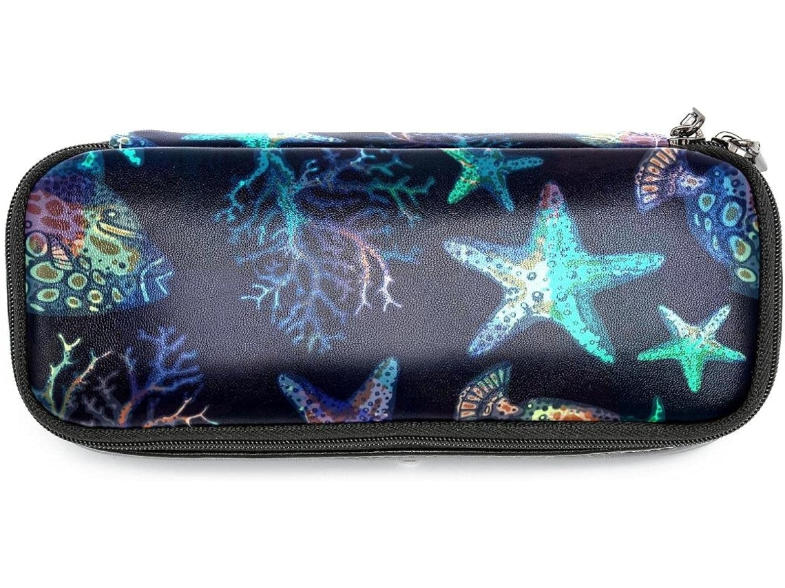 Estojo exótico para lápis com estampa de peixes de coral e estrelas-do-mar, grande capacidade, organizador de lápis