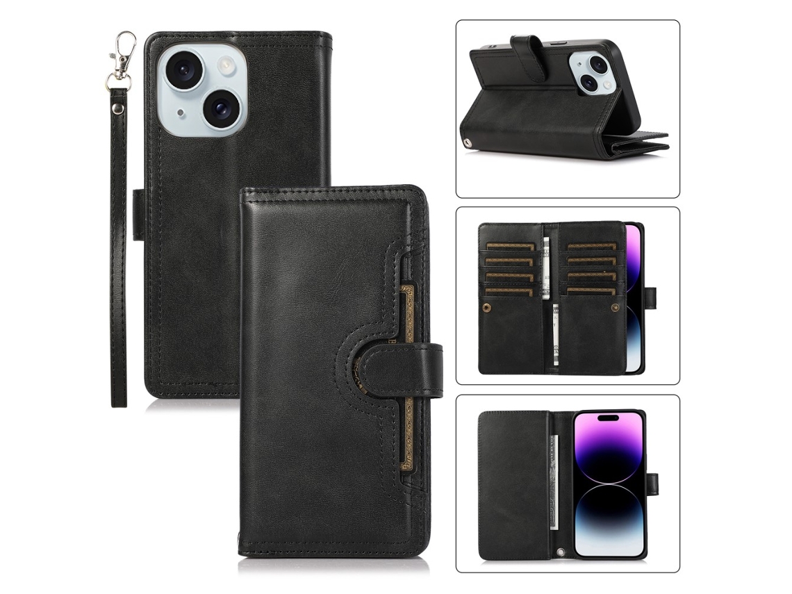 Suporte Casa Pega Para Iphone 15 Plus Pele Sintética Com Porta-cartões Preto