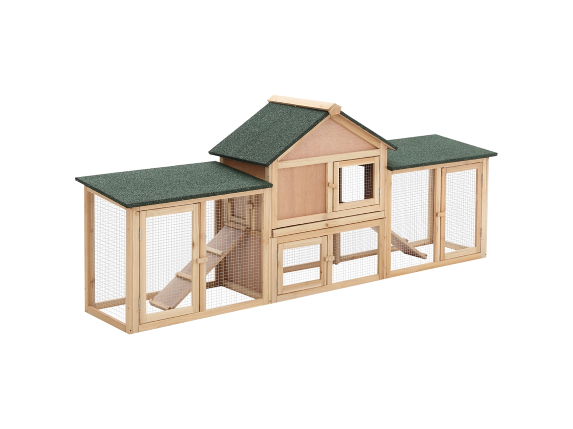 Gaiola de Coelho 210x45,5x84,5cm Natural e Verde, Ampla para 2 4 Coelhos, Telhado Asfáltico, Bandeja Removível e Rampas Externas. Ge