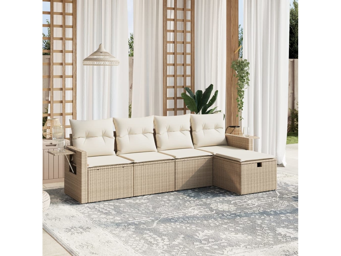 Vidaxl 5 Pcs Conjunto De Sofás P/ Jardim Com Almofadões Vime Pe Bege