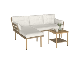 Conjunto de Jardim de 3 Peças com Chaise Longue, Sofá, Almofadas e Mesa de Centro, em Rattan e Aço, Branco Creme e Madeira.