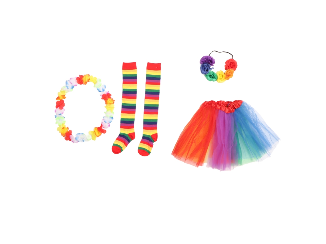 Conjunto Fantasia Halloween Saia Tule Colorida Cabelo Rosa Artificial