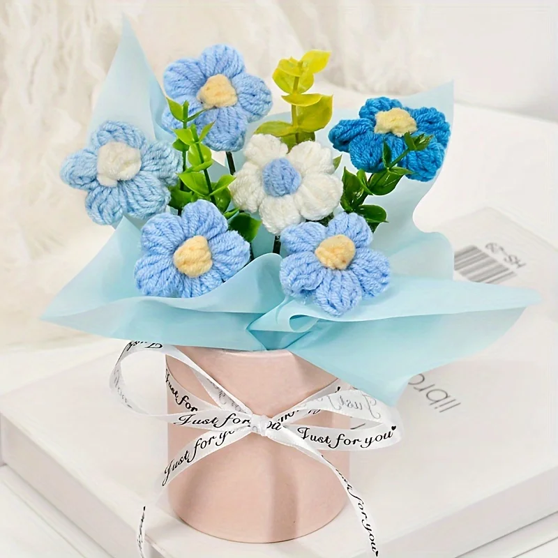 (azul) Buquê De Crochê Feito À Mão, Buquê De Margaridas Tricotadas, Decoração Para Casa, Presente.