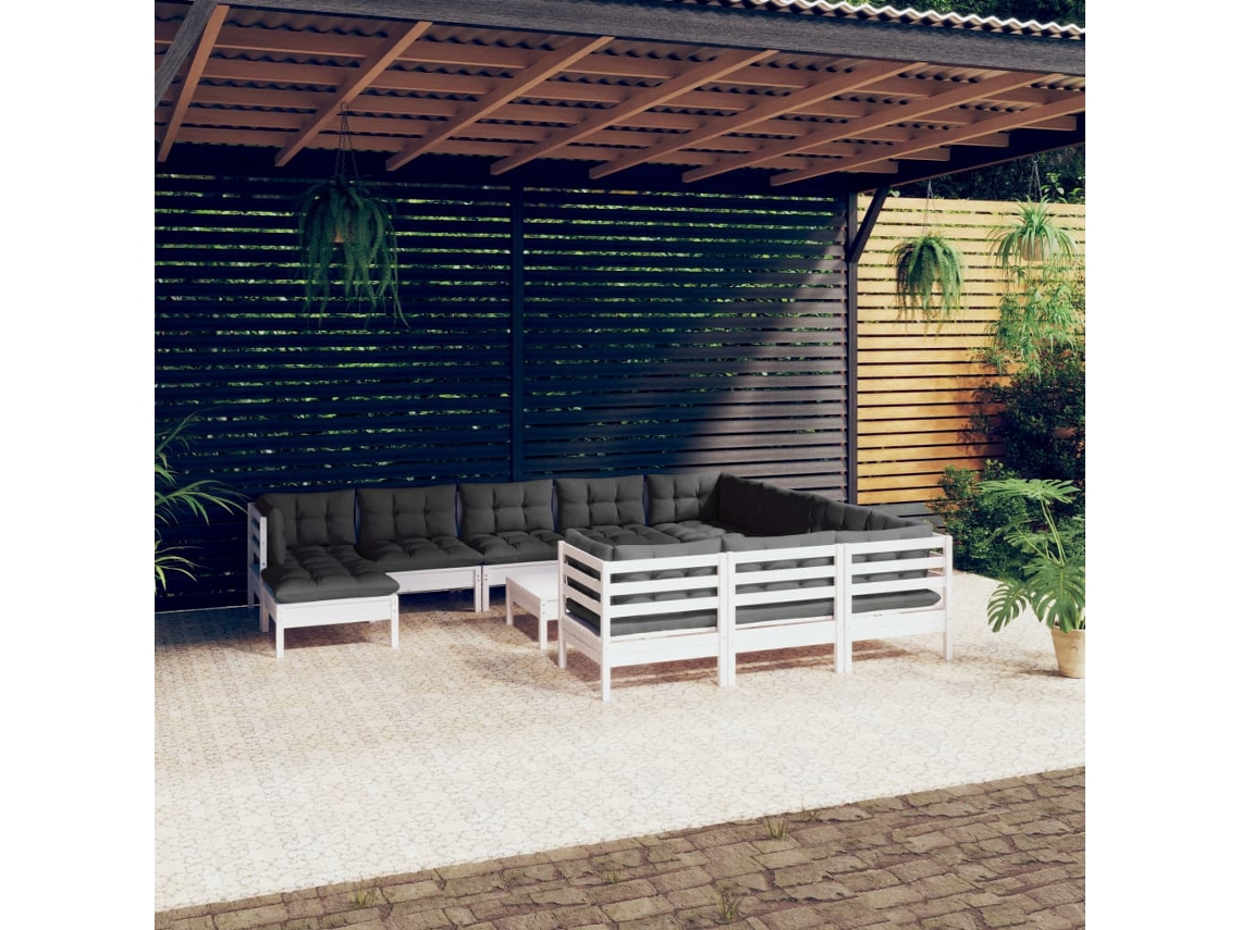 Vidaxl 12 Pcs Conjunto Lounge De Jardim C/ Almofadões Pinho Branco