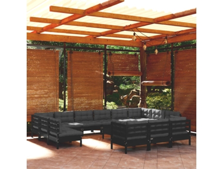 Conjunto Lounge de Jardim com Almofadões Pinho Preto 14 Un