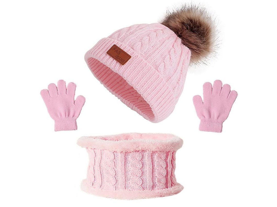 Conjunto De Boné, Cachecol E Luvas Para Crianças De 1-5 Anos Outono Inverno 3 Peças Rosa