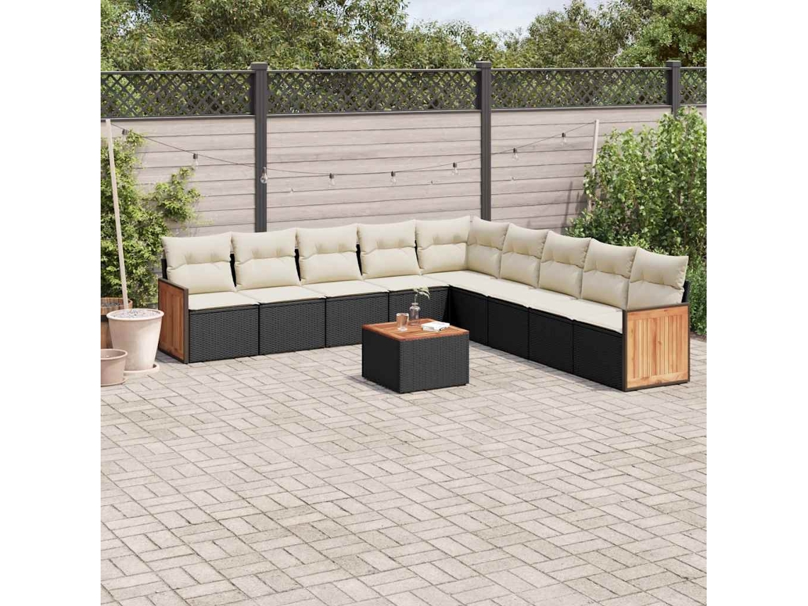 Jogo de Sofá Jardim 10 Peças C/ Almofadões Vime Pe Preto Dkd Home Decor