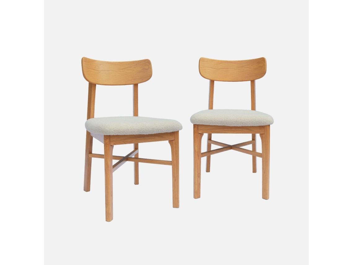 Cadeira Vintage Em Madeira De Seringueira E Tecido Bouclé, Set De 2, Natural E Branco