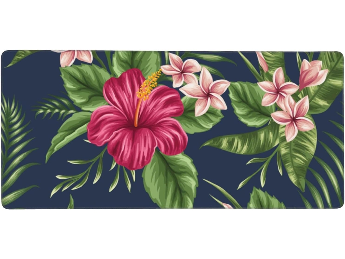 Mousepad Grande para Computador com Estampa de Flores Tropicais, Frangipani e Hibisco, em Formato Natural, Bas