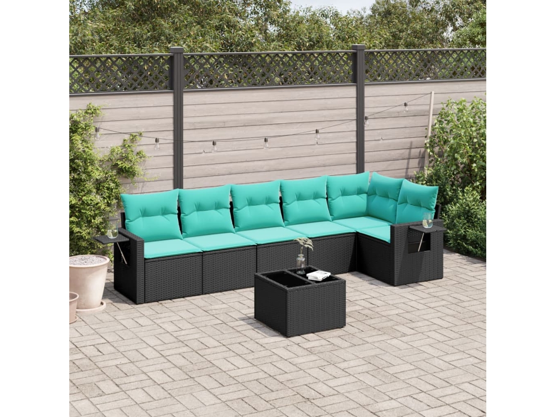 Vidaxl Conjunto De Sofá De Jardim Com 7 Peças E Almofadas Em Rattan Sintético Preto