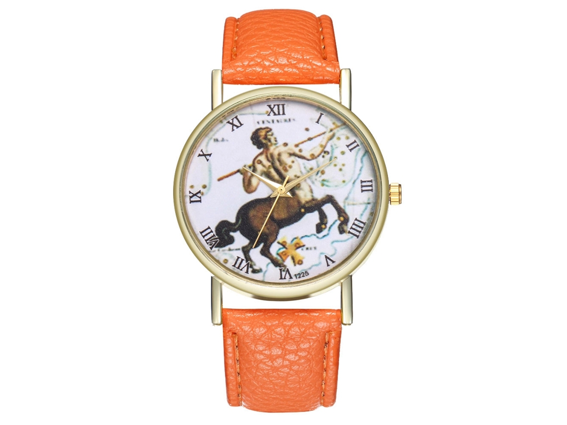 Relógio de quartzo com pulseira de couro e mostrador pintado da Universal Sagittarius laranja.