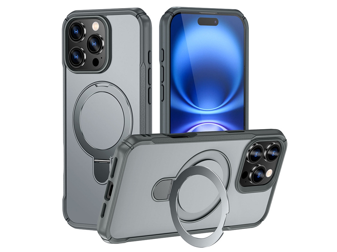 Capa Iphone 14 Pro Max Magnética Temperada, Compatível Magsafe, Suporte Invisível E Anel, Proteção Militar - Cinza