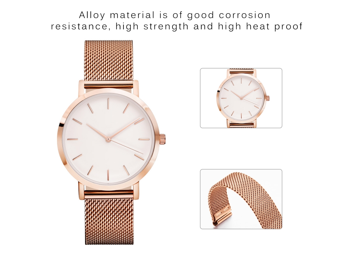 Reloj Analógico Unisex De Acero Inoxidable Con Correa De Malla Oro Rosa