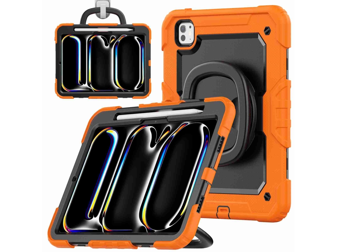 Capa Para Ipad Pro 11 2024 Alça Em Silicone E Pc Com Alça De Ombro Laranja Elysve