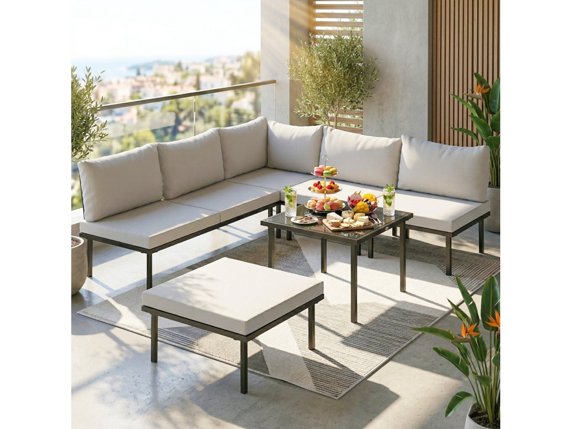 Conjunto De Móveis Modulares Para Jardim Externo Cinza Claro, Com Mesa De Centro De Tampo Em Vidro Temperado, Capacidade Para 6 Pessoas