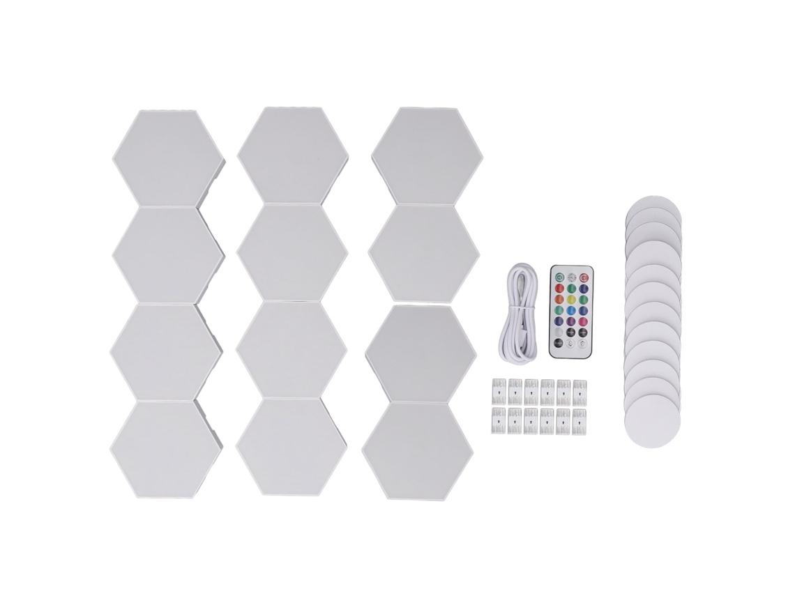Conjunto de 12 luminárias de parede LED hexagonais inteligentes com controle por toque e remoto, design geométrico modular RGB com USB.