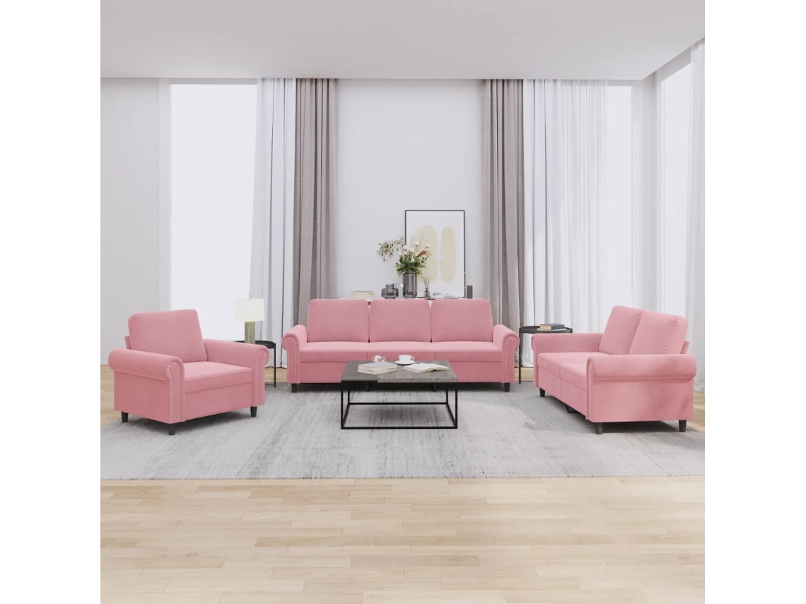 Vidaxl 3 Pcs Conjunto De Sofás Com Almofadões Veludo Rosa