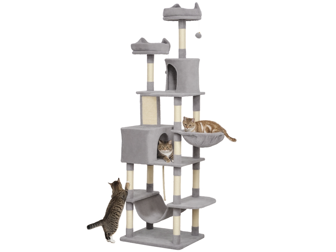 Arranhador Grande Altura 173 Cm Torre Com Plataformas Caverna Bolas Suspensa E Rede Cinza Claro