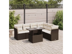 Vidaxl 7 Pcs Conjunto De Sofás Jardim C/ Almofadões Vime Pe Castanho