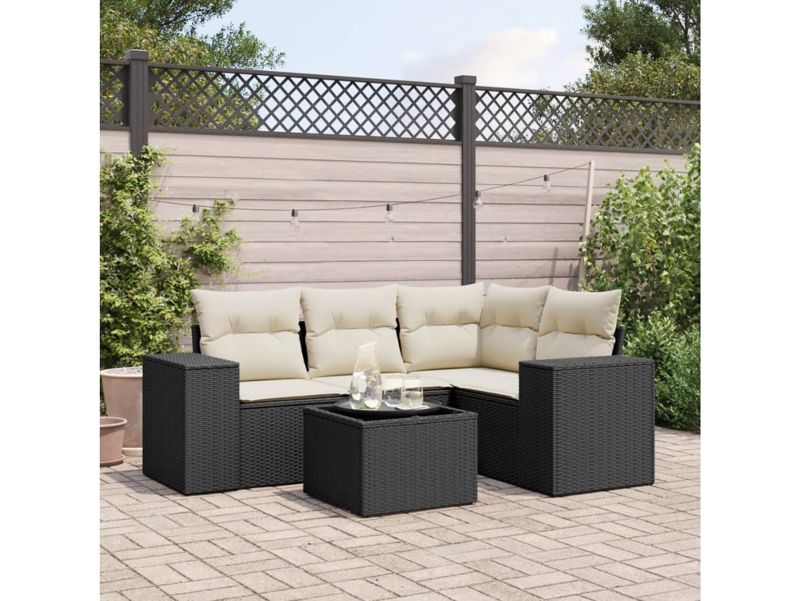 Conjunto de 5 Sofás de Jardim com Almofadas Vime Pe Preto Dkd Home Decor