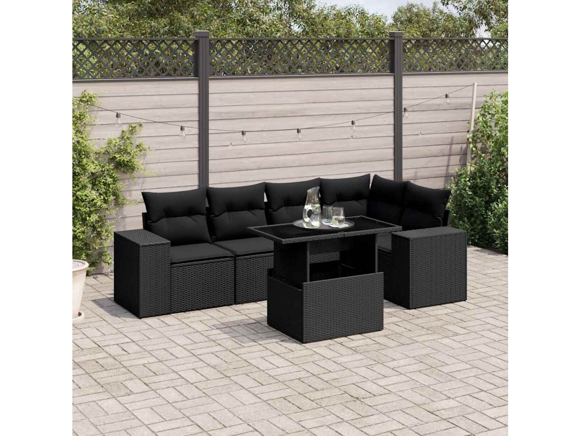 Vidaxl 6 Pcs Conjunto Sofás De Jardim C/ Almofadões Vime Pe Preto