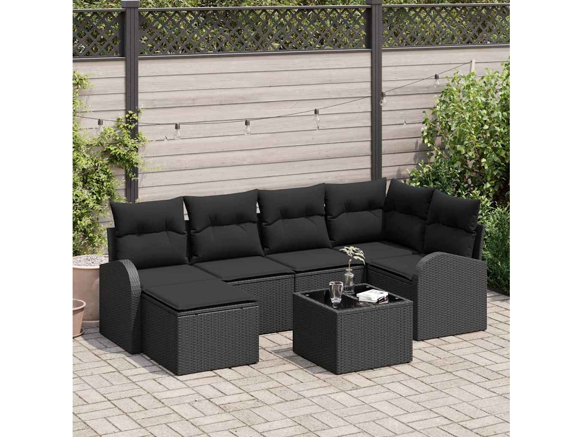 Vidaxl Conjunto De Sofás Com Almofada 7 Pcs Preto Vime Pe