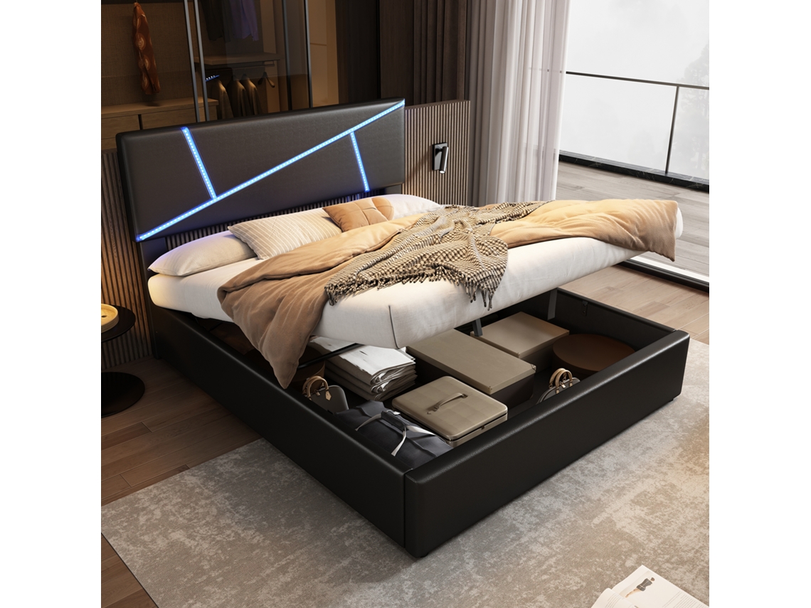 Cama Estofada Confortável Com Tiras De Led, 140*200 Cm, Cama Casal Com Base De Ripas, Encosto, Cama Funcional Hidráulica, Couro Sintético, Preto-op