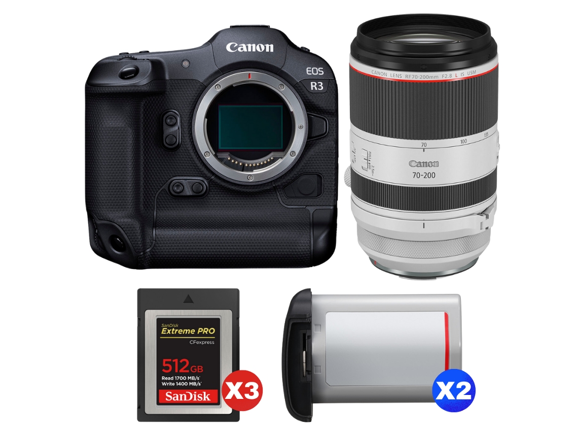 Eos R3 + Rf 70 200mm F/2.8 L Is Usm + 3 Sandisk 512gb Extreme Pro Cfexpress Type B + 2 Canon Lp e19 + Ebook Pricedirect CANON