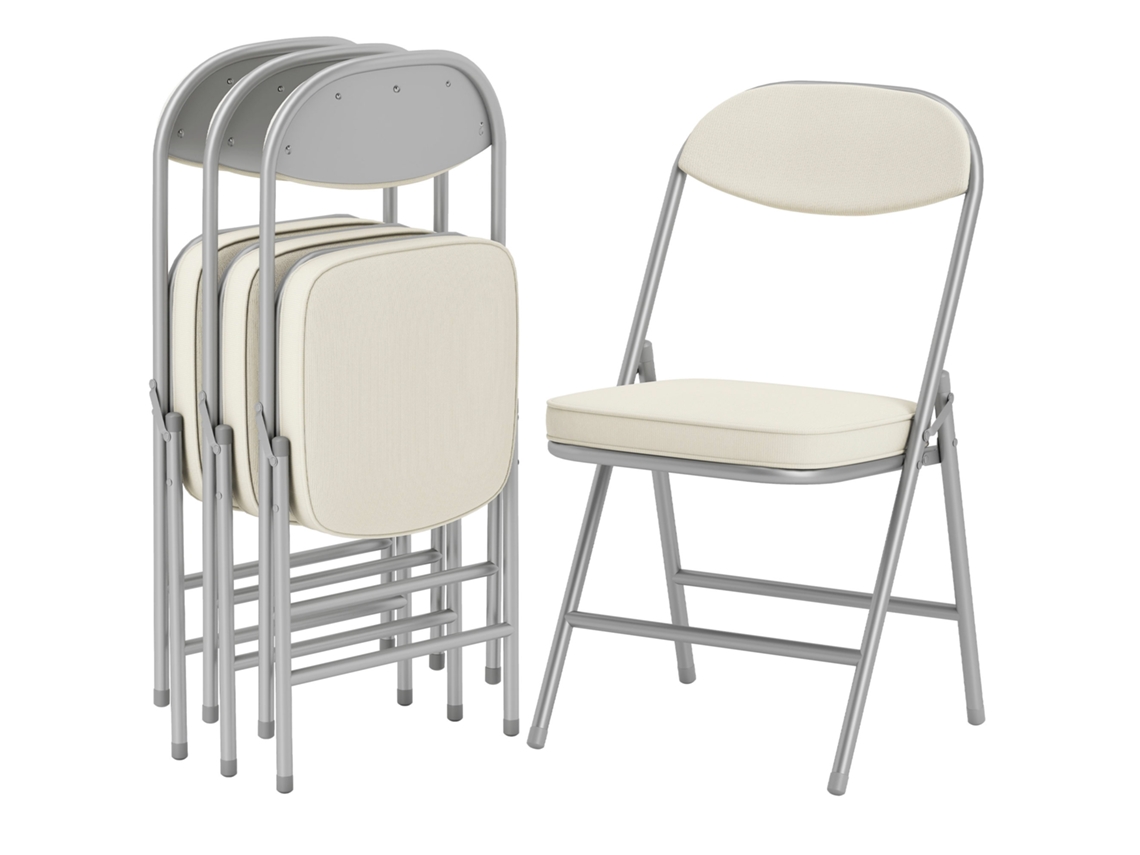 Conjunto De 4 Cadeiras Dobráveis Estofadas Com Revestimento Em Corda, Encosto, Armação Metálica, Branco Cremoso