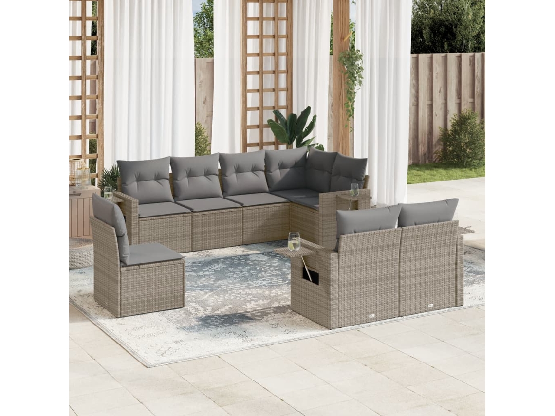 Vidaxl 8 Pcs Conjunto Sofás De Jardim C/ Almofadões Vime Pe Cinzento