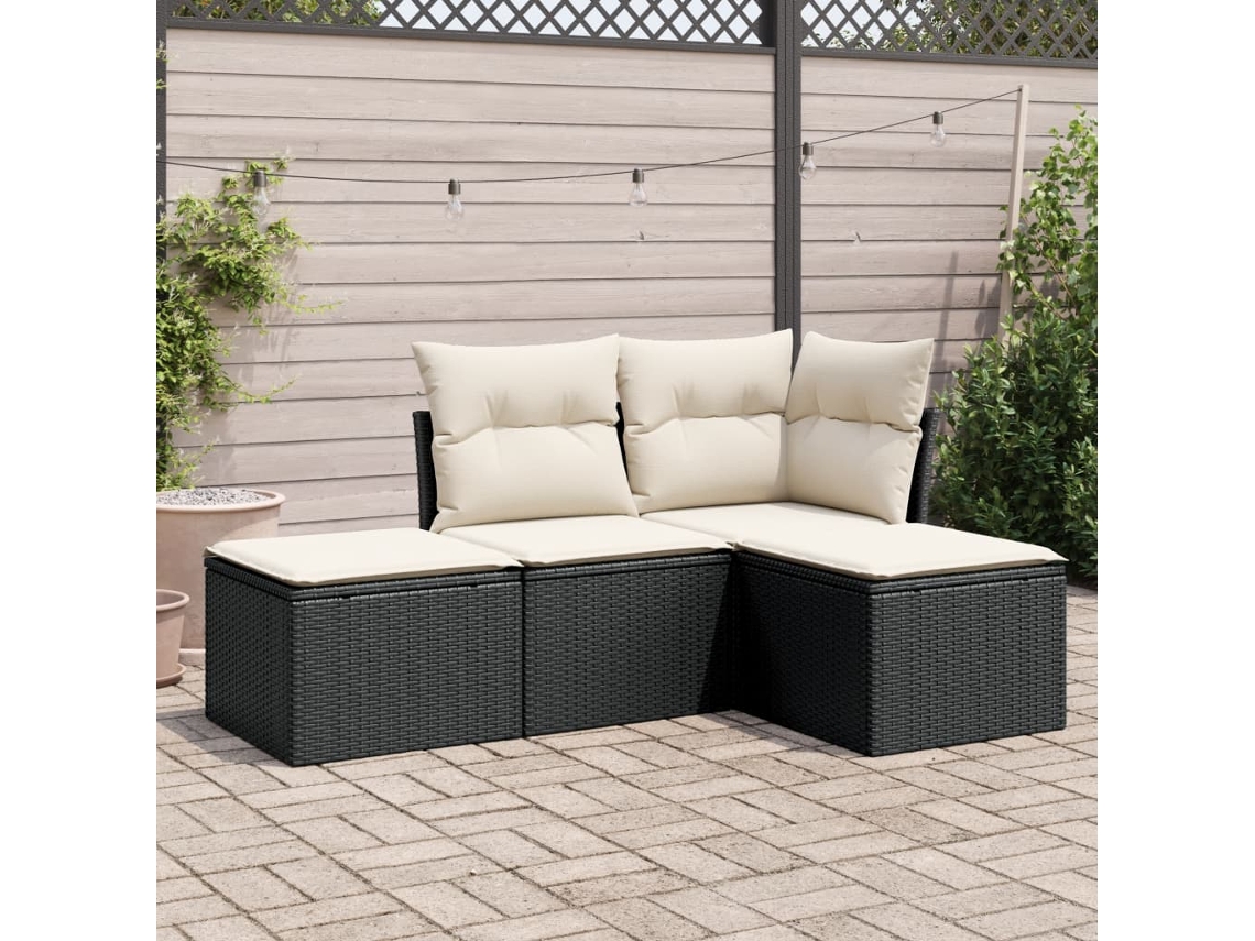 Conjunto de sofá de jardim de 4 peças com almofadas Vime Pe preto Lovely Home