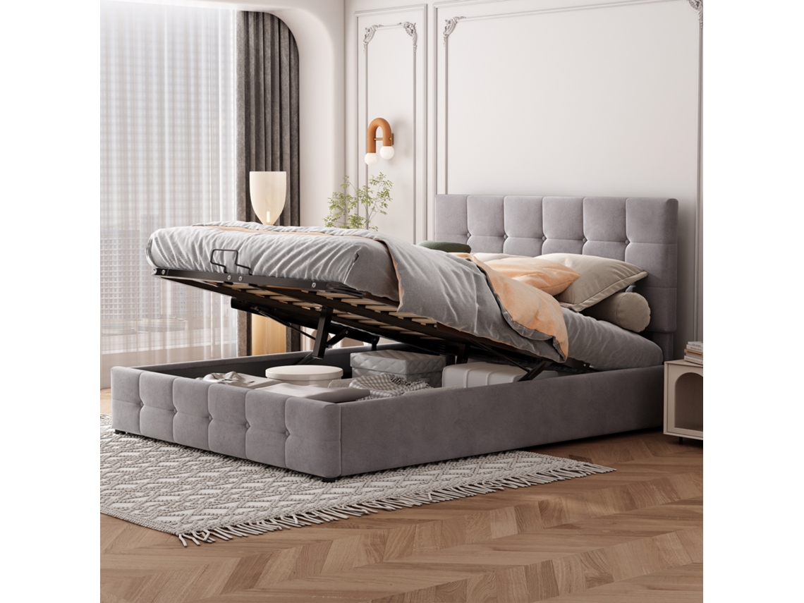 Cama Casal 140x200 Armário Hidráulico Cabeceira Ajustável Veludo Grau