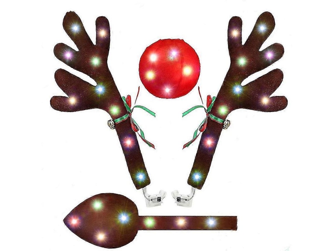 Kit Antlers Com Luzes Led Para Carro, Acessórios De Natal Com Nariz Vermelho E Rabo Marrom