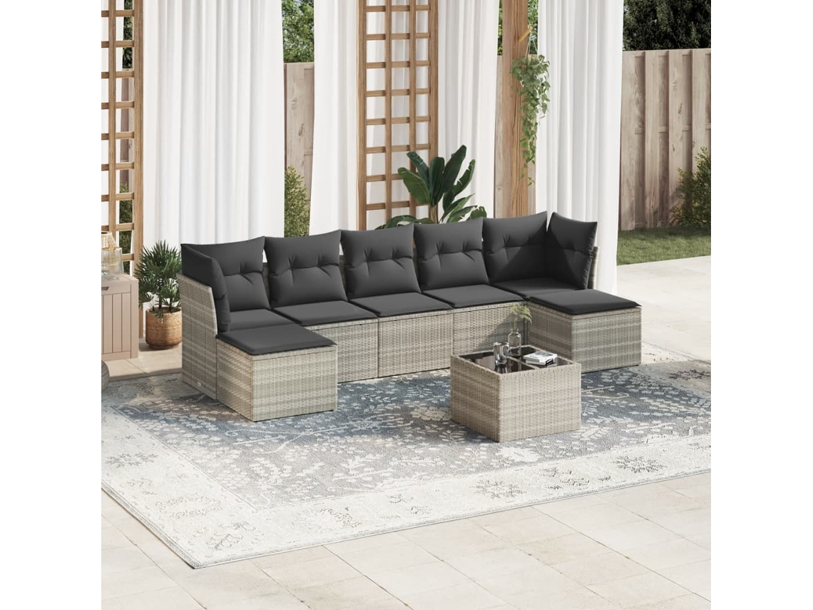 Vidaxl 8 Pcs Conj. Sofás Jardim C/ Almofadões Vime Pe Cinzento-claro