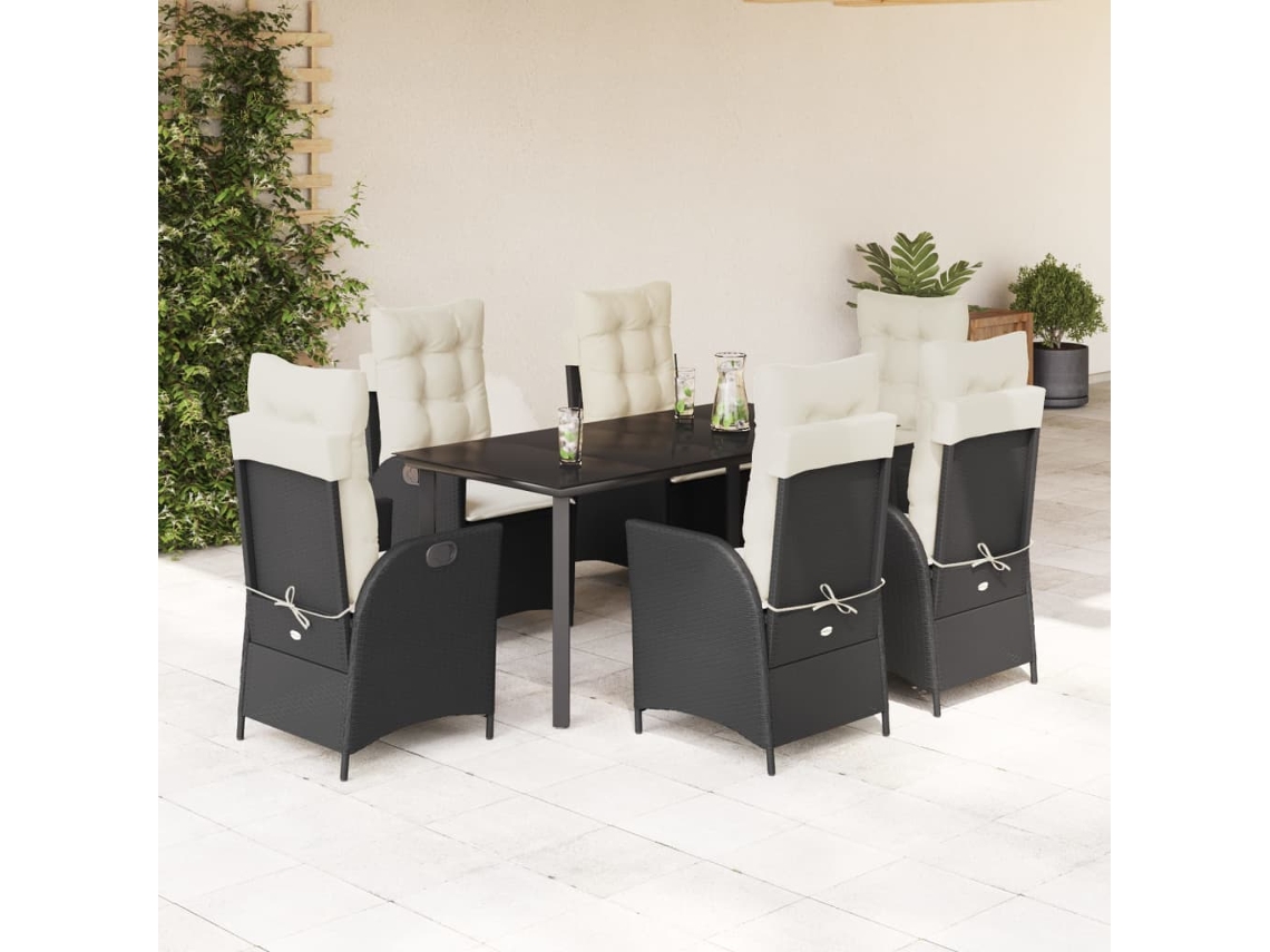 Vidaxl 7 Pcs Conjunto De Jantar P/ Jardim C/ Almofadões Vime Pe Preto