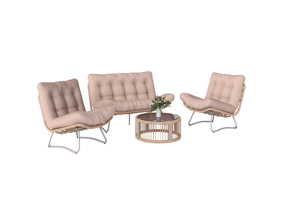 Conjunto Lounge 4 Peças Polyrattan QINGYU TECH com sofá, cadeiras, mesa de vidro e almofadas