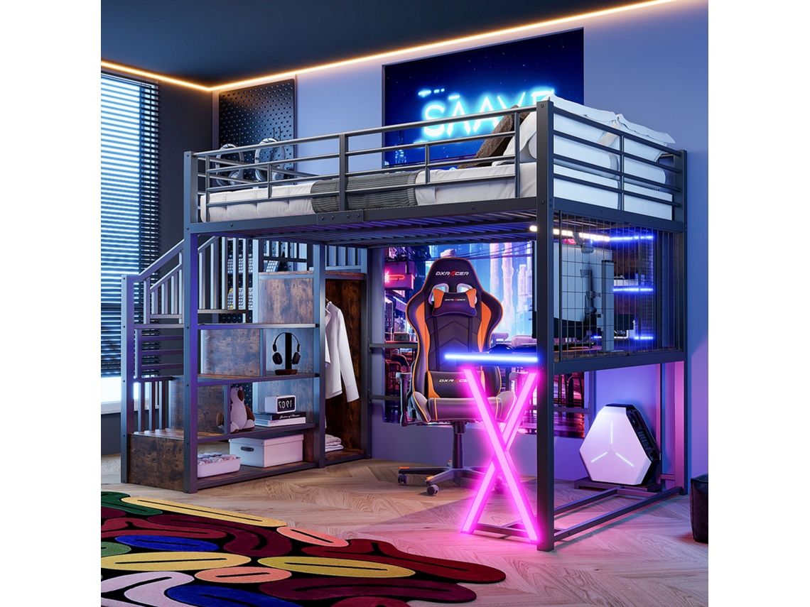 Cama Alta 140x200 Preta com Led Escada Secretária Roupeiro