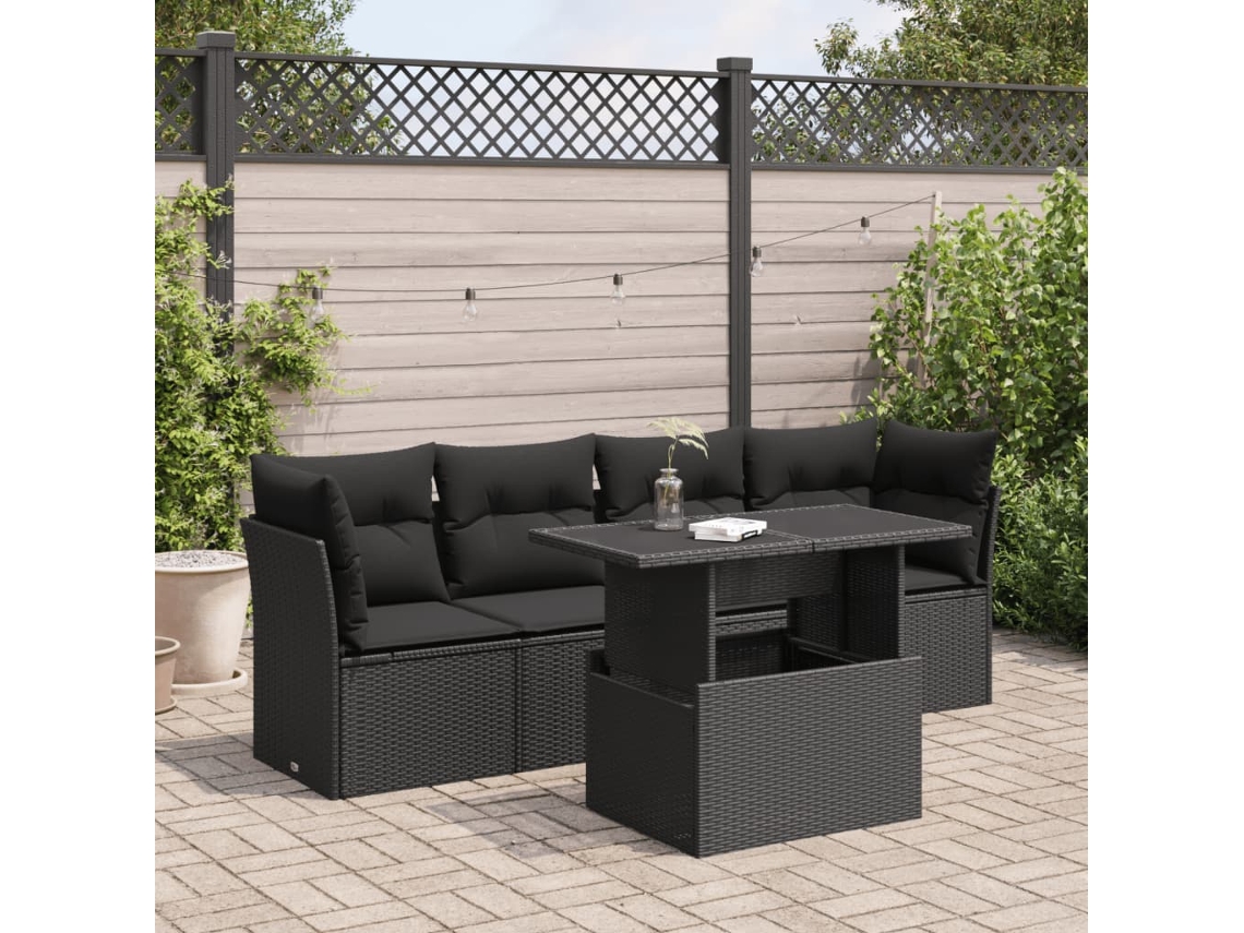 Vidaxl 5 Pcs Conjunto Sofás De Jardim Com Almofadões Vime Pe Preto