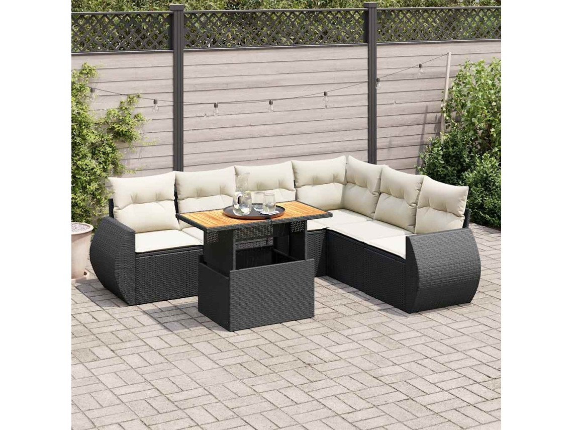 Vidaxl 7 Pcs Conjunto De Sofás P/ Jardim C/ Almofadões Vime Pe Preto