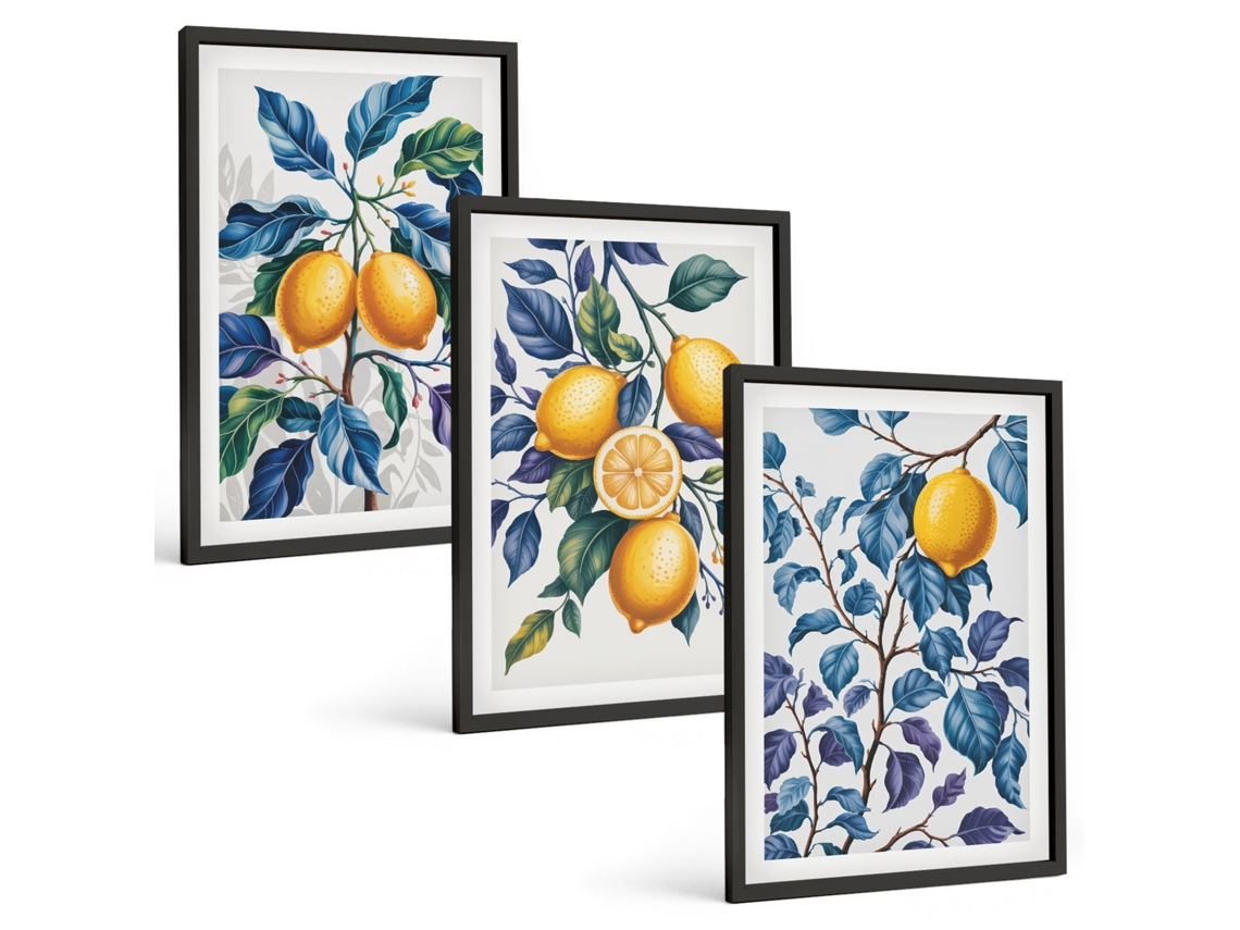 Quadros Decorativos Para Parede Limões, Galhos, Folhas Azuis Moldura Preta Fotos Para O Escritório Espelharte (3 Piezas De 40x60 Cm)