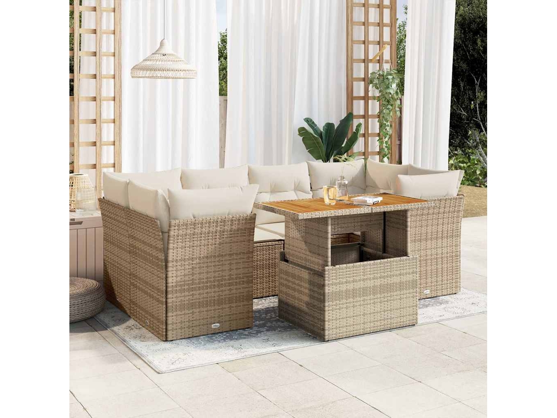 Vidaxl 7 Pcs Conjunto De Sofás P/ Jardim Com Almofadões Vime Pe Bege
