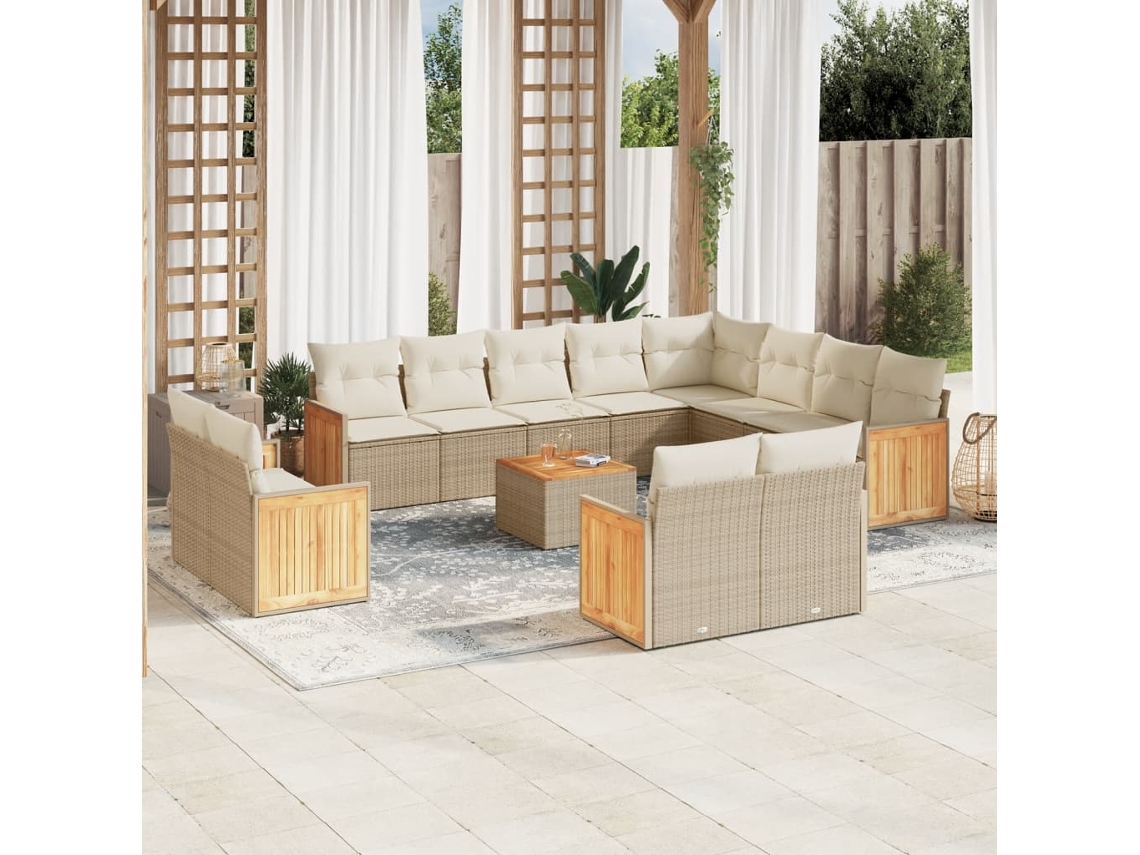 Vidaxl 13 Pcs Conjunto De Sofás P/ Jardim Com Almofadões Vime Pe Bege