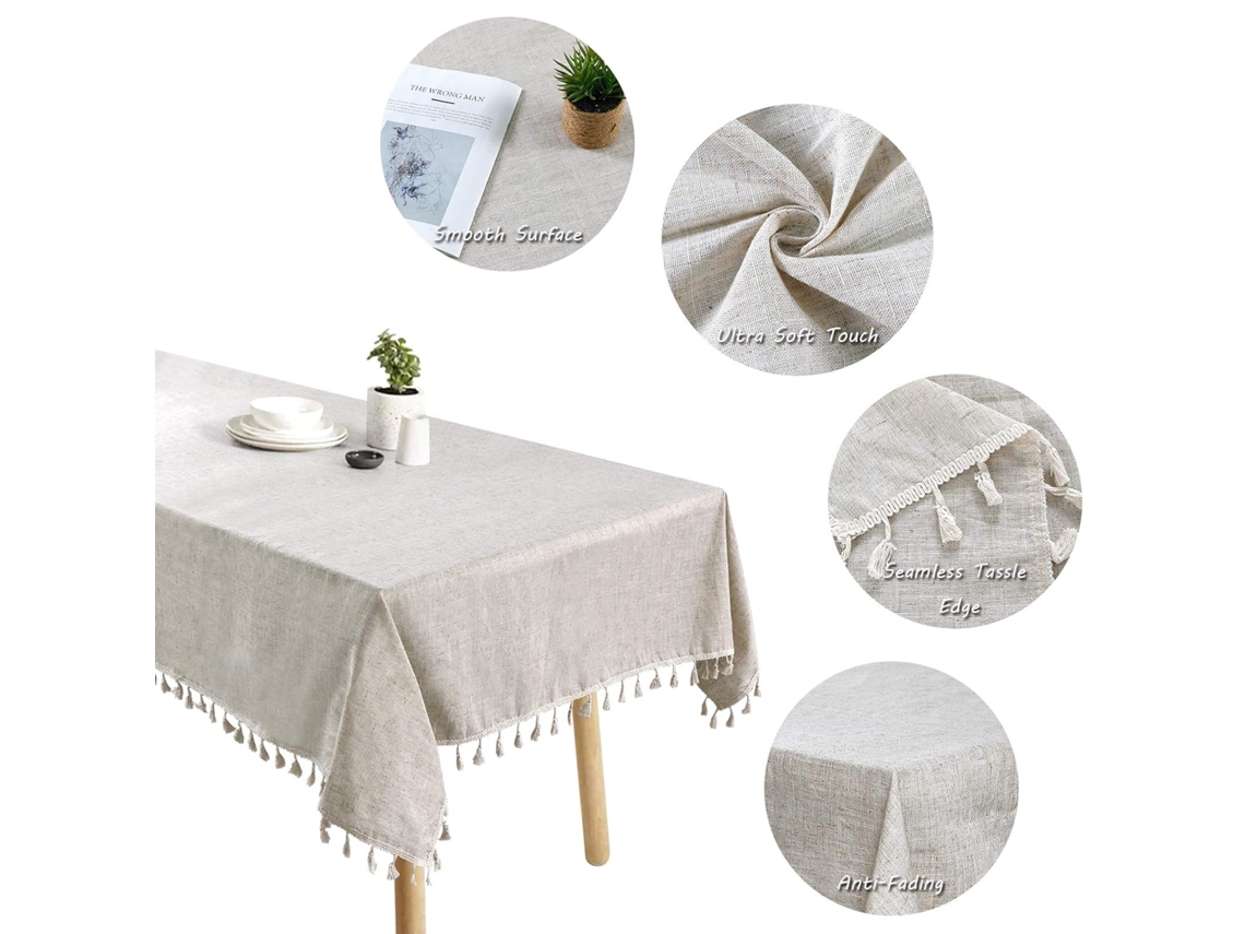 Toalha De Mesa De Algodão E Linho, Cor Sólida Com Borlas, Toalha De Mesa Retangular Bege, À Prova De Poeira E Resistente Ao Encolhimento, Adequada Par