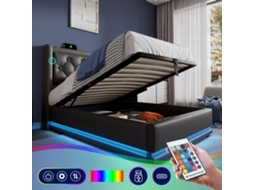 Cama 90x200 Pu Preto Com Led Usb-c E Baú