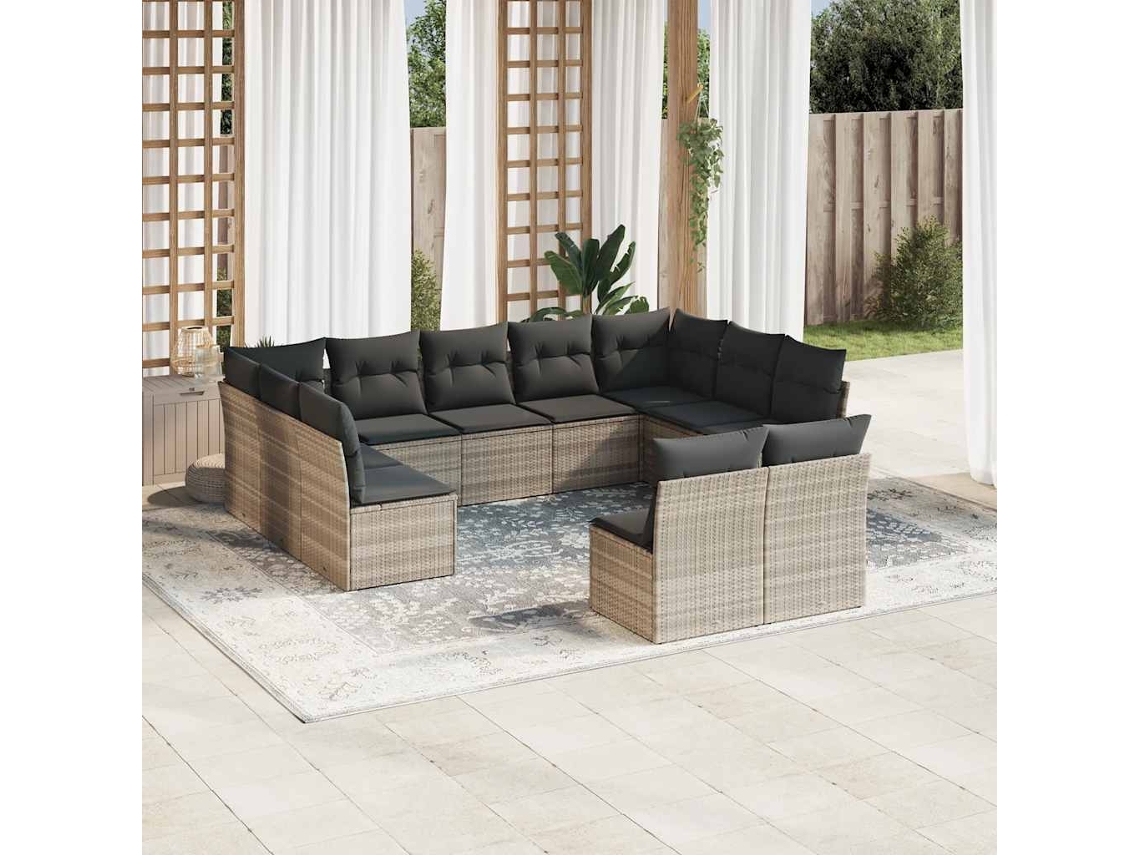 Vidaxl 11 Pcs Conjunto Sofás De Jardim C/ Almofadões Vime Pe Cinzento