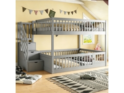 Cama Box Casal Solteiro Infantil 90x200cm, com Estrado, Cabeceira Estofada Bege Linho e Baú SUNJOY